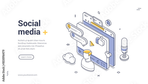 Isometric web banner for social media marketing and communication. Vector illustration with user interface, likes, and microphone. Modern landing page for digital content creation and blogging
