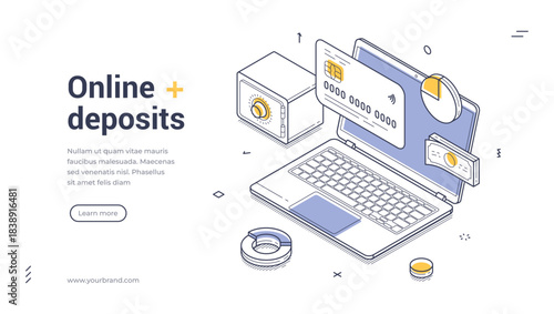 Online deposits web banner. Isometric template for digital banking. Vector illustration with laptop, safe, credit card. Modern concept for finance, savings, and investment landing page
