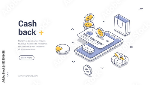 Isometric web banner template for cash back service. Vector illustration with smartphone, credit card, coins. Modern concept for loyalty programs, online shopping rewards, and digital payment