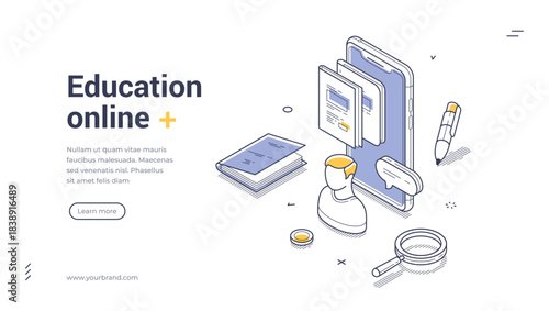 Isometric web banner for online education and e-learning. Vector illustration template with smartphone and books. Modern landing page for distance courses and knowledge on a mobile application