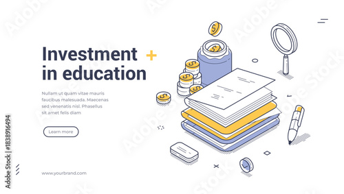 Isometric web banner for investment in education and knowledge. Vector illustration template with books, coins, and magnifier. Modern landing page design for finance, learning, and savings concept