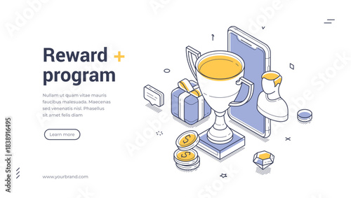Isometric web banner for reward program and loyalty system. Vector illustration template with trophy cup and gift. Modern landing page for customer bonuses and online prizes