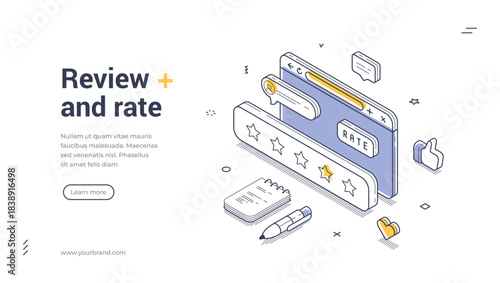 Isometric web banner for customer review and rating. Vector illustration with five stars feedback and like icon. Modern landing page template for user experience and product evaluation