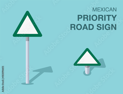 Traffic regulation rules. Isolated mexican "priority road" road sign. Front and top view. Flat vector illustration template.