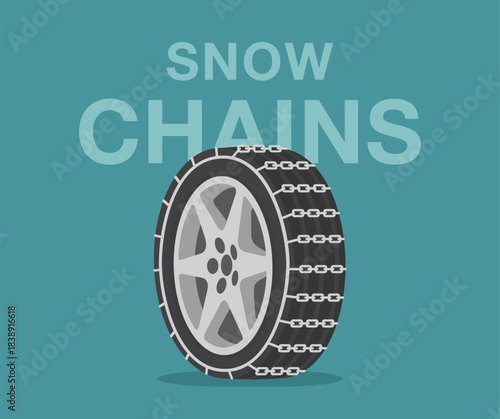 Isolated perspective view of a winter season tire. Increase traction with snow chains. Flat vector illustration template.