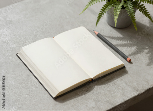 Serene Creative Workspace Still Life with Blank Notebook and Potted Fern