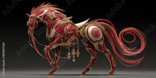 White Horse Drawing With Red Decorative Touches