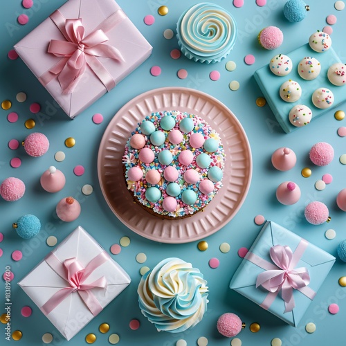 A delightful pastel birthday celebration scene featuring a decorated cake, wrapped gift boxes, and sweet treats in a festive flat lay composition