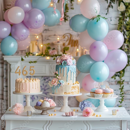 A beautiful display of a sweet table with pastel-colored cakes, cupcakes, and an abundance of balloons for a party