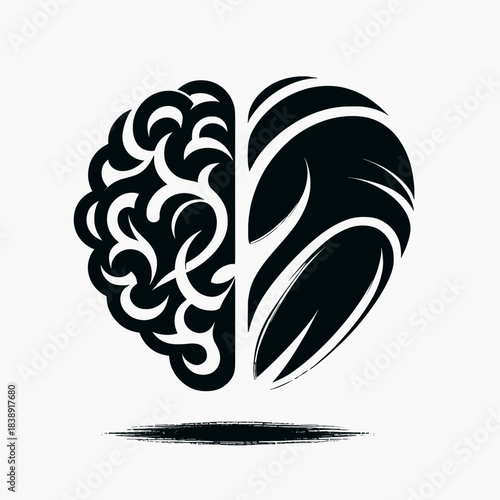 Brain and heart silhouette in minimalist black style