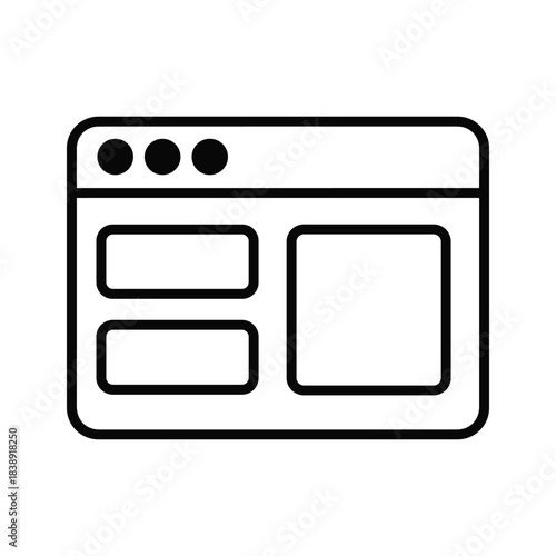 Outline icon of a browser window with three dots and two rectangular boxes isolated on