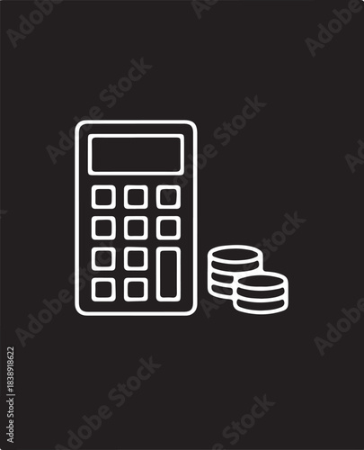 Calculator and stack of coins icon on a black background Keywords: calculator, coins, money, finance, calculation, accounting, economy, business, payment, currency, wealth, 
