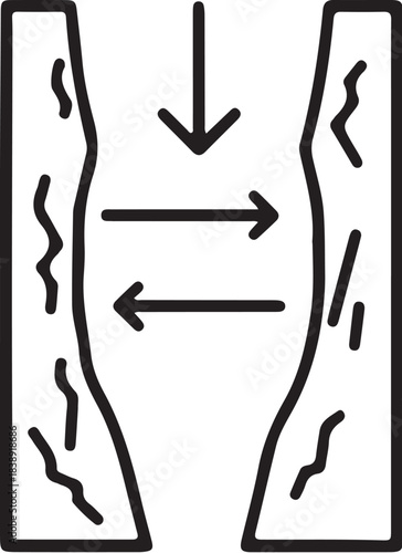 Line art illustration of inward pushing arrows on a constricted vertical channel diagram on transparent background