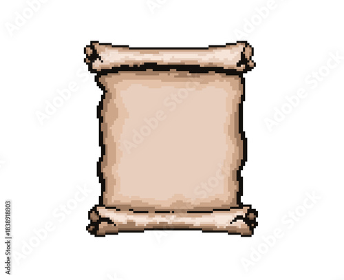 A pixel art depiction of an ancient scroll or parchment with a blank center, perfect for fantasy, medieval, or retro game designs. The detailed shading and rugged edges add an authentic aged look.