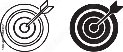 Two dartboard icons one outlined and one solid black with arrows hitting the bullseye Keywords: dartboard, target, bullseye, arrow, hit, goal, success, accuracy, precision, on transparent background