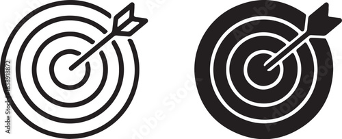 Two dartboard icons one outlined and one solid black with arrows hitting the bullseye Keywords: dartboard, target, bullseye, arrow, hit, goal, success, accuracy, precision, on transparent background