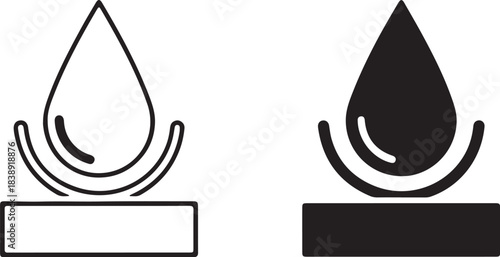 Two icons of a water drop on a surface, one outlined and one solid black liquid fluid on transparent background