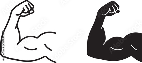 Two stylized arm icons one outlined and one solid black showing flexed biceps muscle strength on transparent background