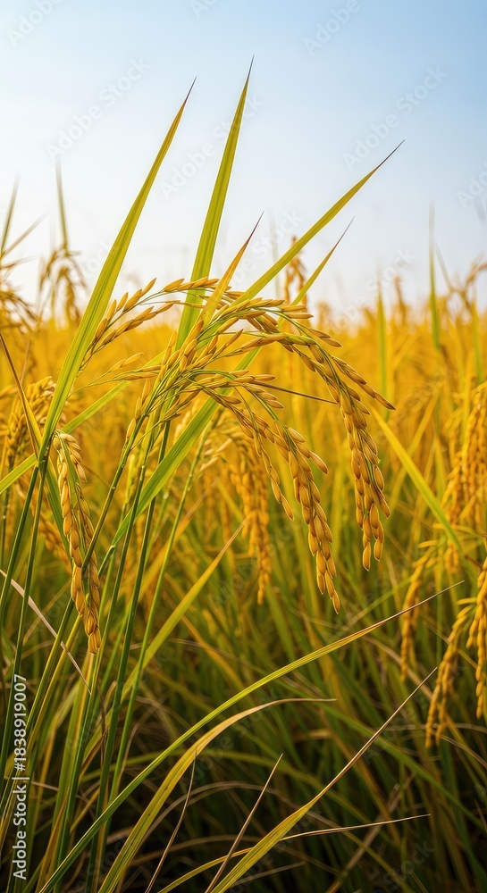 Fototapeta premium Golden rice stalks sway gently in the autumn breeze under a bright sky, symbolizing a successful harvest season and plentiful yield ,farm ,rural ,abundance