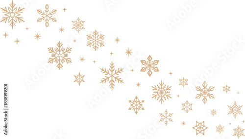 Vector Gold Snowflake Border Design, Featuring Assorted Ornaments and Stars on a Diagonal Line, Festive Background for Winter Holidays and Banners