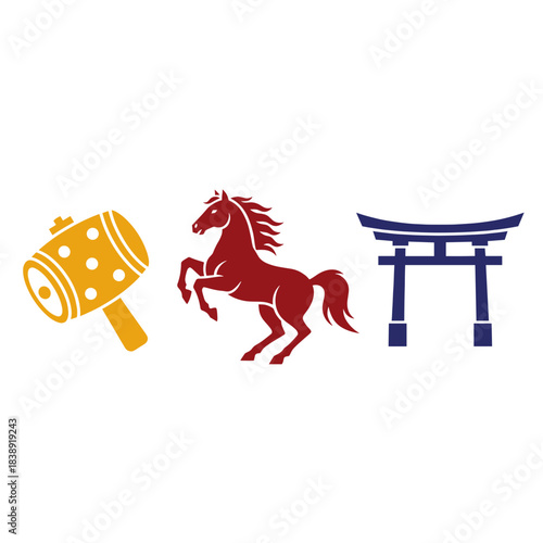 Stylized Japanese folklore icons featuring horse mallet and torii.