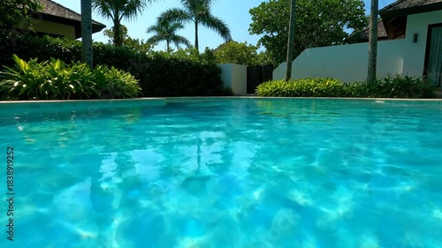 Wallpaper Mural Tranquil view of a turquoise swimming pool under the bright tropical sun with lush green plants and palm trees Torontodigital.ca