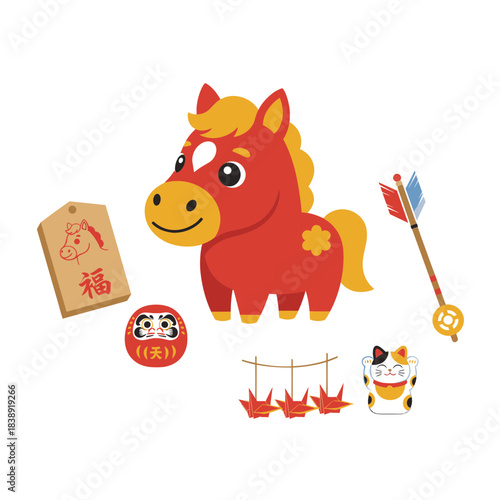 Colorful Asian New Year icons with horse and lucky charms.