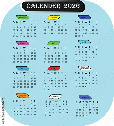 Modern Calendar 2026 Year Planner Template with Colorful Monthly Headings Vector Design