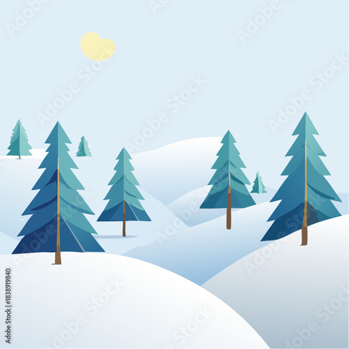 A serene winter landscape illustration featuring snow-covered hills and evergreen trees under a pale sun