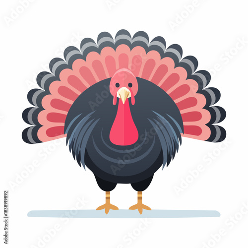 A colorful flat design illustration of a proud domestic turkey with vibrant red and pink tail feathers, perfect for autumn harvest celebrations and holiday themes