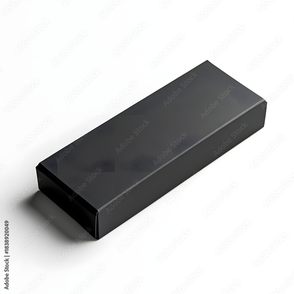 Fototapeta premium Minimal black rectangular paper box on a bright white backdrop.