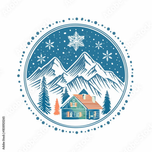 Cozy Winter Cabin Scene with Snow-Capped Mountains and Pine Trees, Perfect for Seasonal Greetings and Holiday Designs