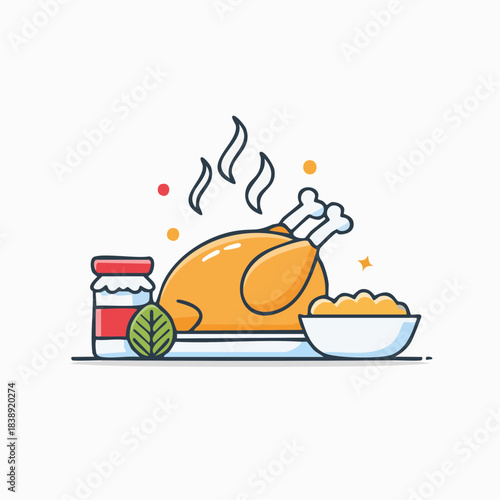 A Deliciously Roasted Whole Chicken Feast with Sides of Jam and Mashed Potatoes, Perfect for a Holiday Meal or Celebration