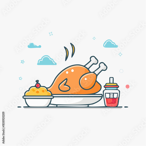 A delicious roasted chicken served with side dishes and a drink, perfect for a holiday feast