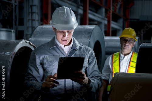 Young worker with tablet inspecting large metal tubes at factory during night shift. Engineer with helmet and safety vest working in industrial site. Inspector checking quality of product in a dark