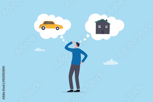House or car decision to buy first, expense or obligation to pay, mortgage or car loan leasing, purchasing resident, real estate, businessman thinking to buy house or car payment.