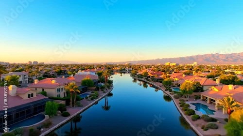 Drone view of calm waterway reflecting the vibrant sunrise over a residential neighborhood with palm trees and houses