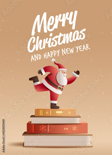Santa Christmas New Year celebration festive scene Santa Claus balancing cheerfully on stacked books with snowflakes on a warm gradient background