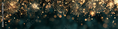 Dazzling gold fireworks light up the night sky with bokeh effects for a festive celebration