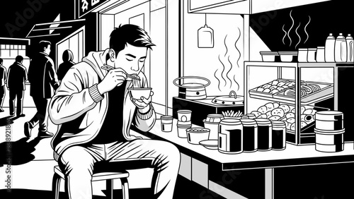 Young man enjoying steaming hot street noodles at a vibrant night market stall