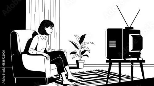 Woman relaxing alone watching vintage television set in quiet, minimalist modern living room