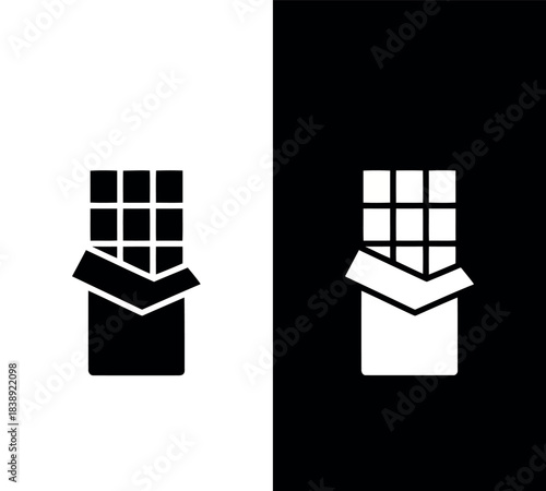 Black and white icons of a chocolate bar with wrapper Keywords: chocolate bar, candy, sweet, dessert, food, snack, treat, confection, cocoa, dark chocolate, milk chocolate,