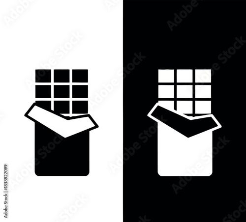 Black and white icons of a chocolate bar with wrapper Keywords: chocolate bar, candy, sweet, dessert, food, snack, treat, confection, cocoa, dark chocolate, milk chocolate, 