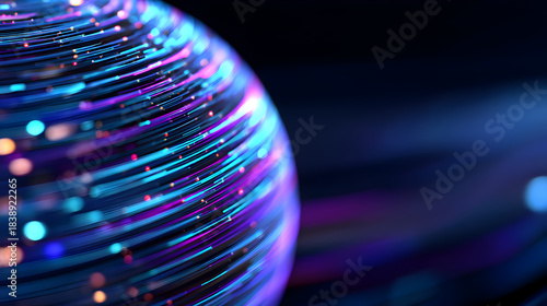 Celestial Fiber Optic: An abstract representation of a glowing sphere, composed of vibrant fiber optic light trails swirling across its surface.
