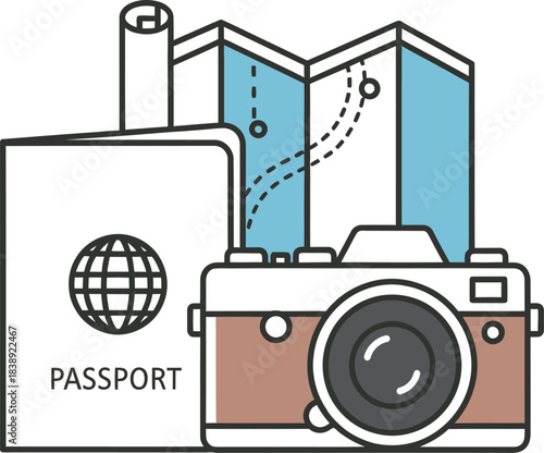 Essential travel gear including a passport camera and folded map represents planning for an exciting international adventure