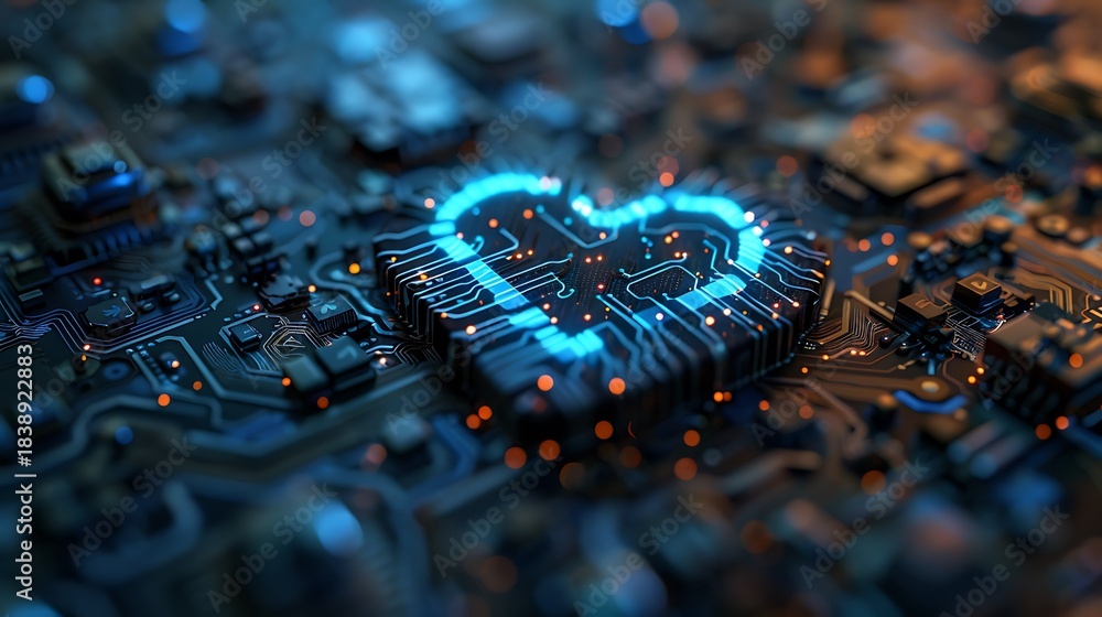 Fototapeta premium Abstract circuit-chip heart symbol glowing in soft blue tones futuristic digital technology concept background