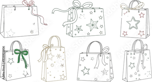 Set of eight outline gift bags decorated with stars and colorful ribbons perfect for holiday coloring