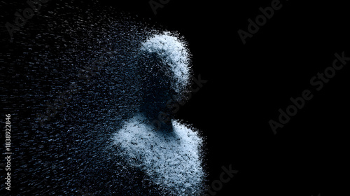 Ephemeral Essence: A thought-provoking artistic portrayal of a figure dissolving into particles against the deep expanse of black, exploring themes of impermanence.