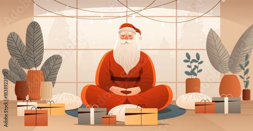 Santa meditation Christmas relaxation gifts cozy interior plants warm lights festive holiday atmosphere modern home decor
