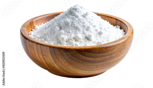 White powder heap in wooden bowl